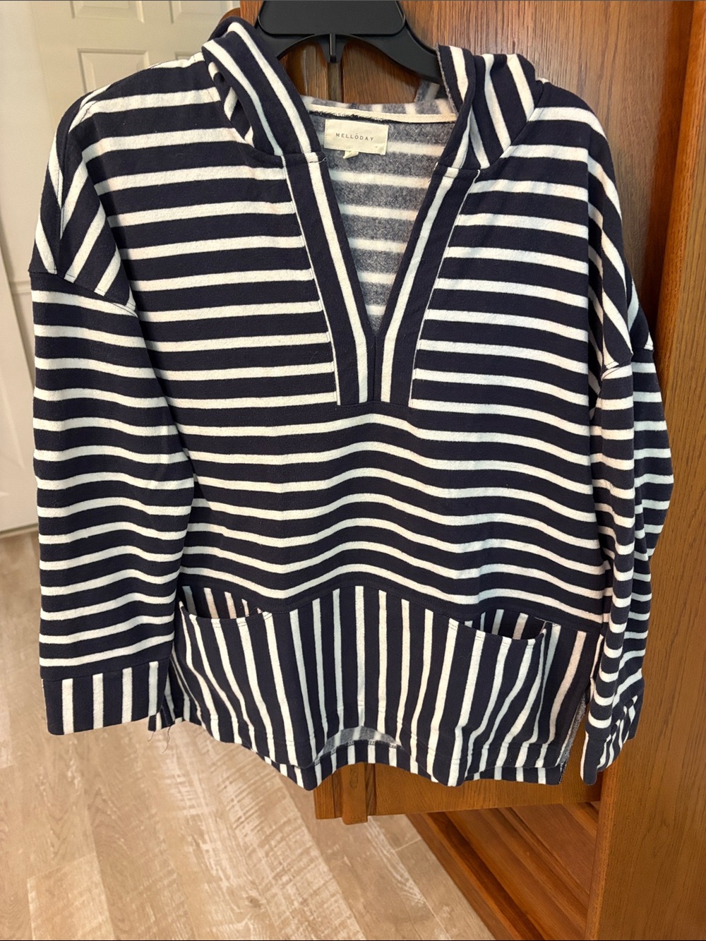 MELLODAY Navy and White Striped Hooded Sweatshirt
